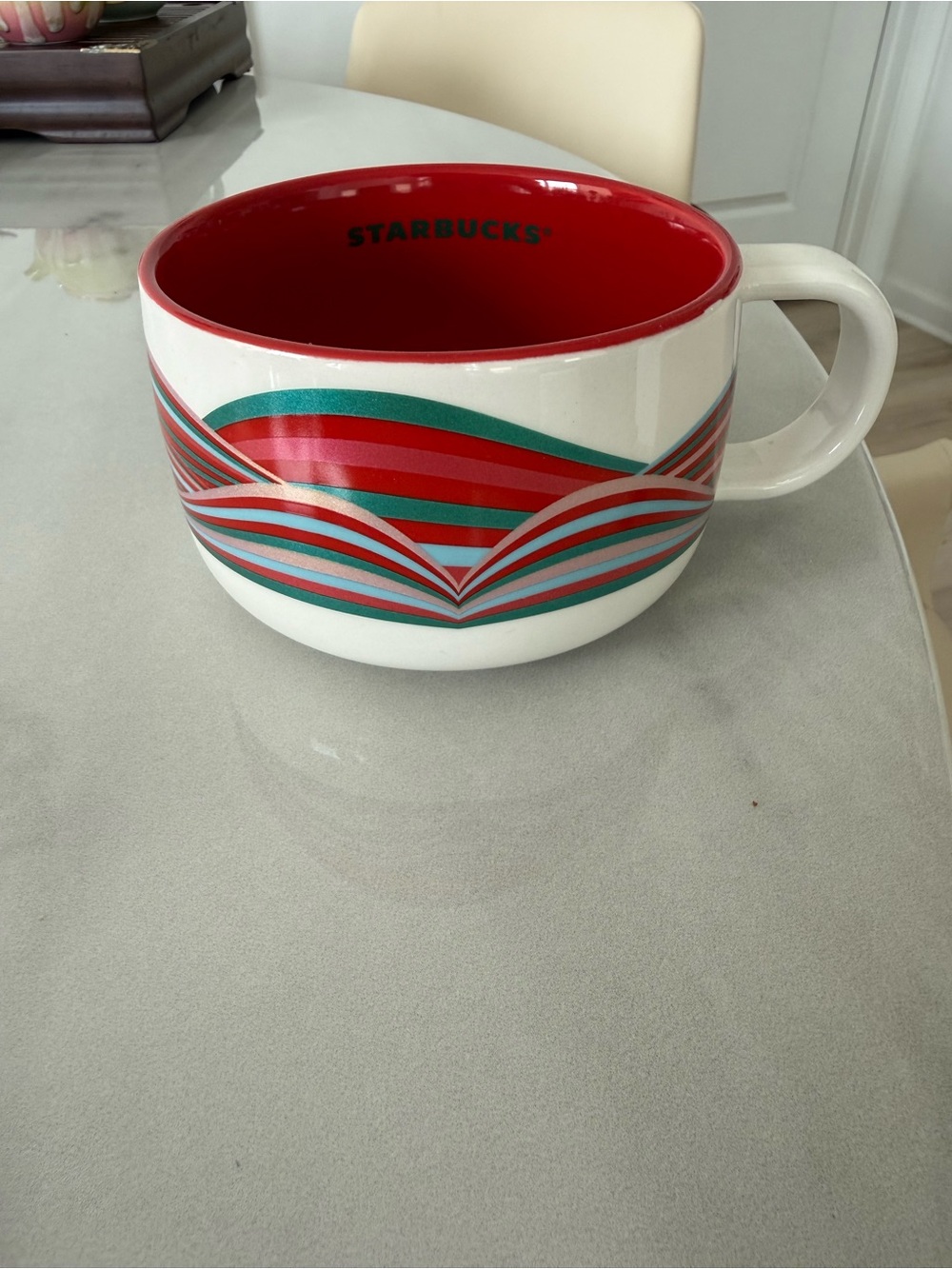 Starbucks White Ceramic Mug with Red Interior and Red-Green Wave Pattern